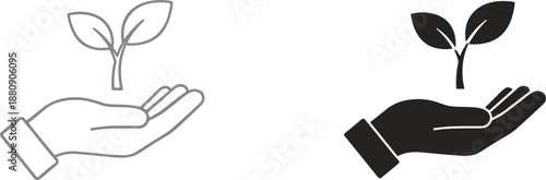 Hand holding sprout outline and solid icon set isolated on white background vector illustration concept sustainability ecology growth
