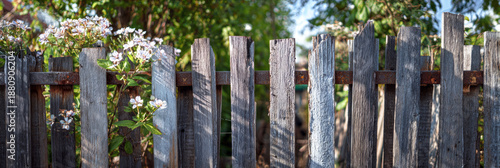 A fence made from recycled wooden planks and metal scraps encloses a suburban backyard. Green plants and flowers grow around the fence on a sunny day, banner