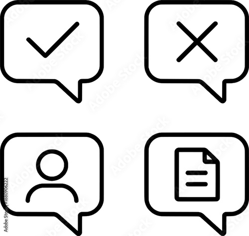 Set of 4 minimalist speech bubble line icons for communication, feedback, user profile and document.