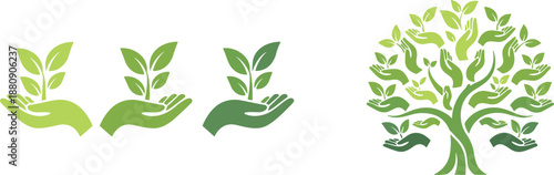 Hands holding plant growth stages and eco tree illustration isolated on white background vector set for sustainability