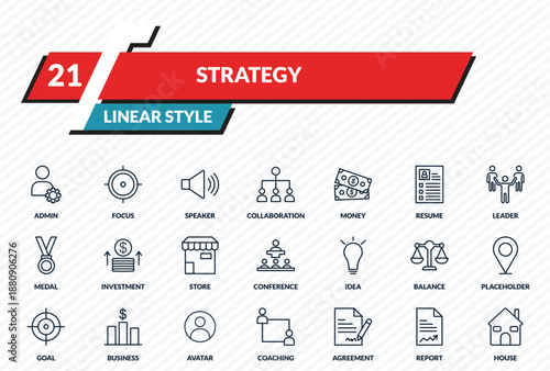 strategy icons set - admin, focus, speaker, report, house outline vector collection.