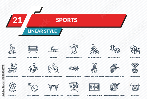 sports icons set - surf sea, work bench, skibob, dartboard and dart, estadio outline vector collection.