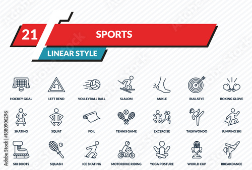 sports icons set - hockey goal, left bend, volleyball ball, world cup, breakdance outline vector collection.