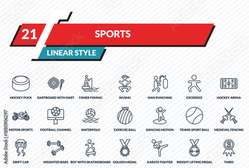 sports icons set - hockey puck, dartboard with dart, fisher fishing, weight lifting medal, third outline vector collection.