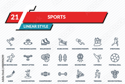 sports icons set - home run, two boxing gloves, roller skate, trekking, soccer football ball outline vector collection.