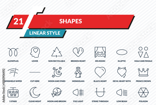shapes icons set - glowplug, lover, non recyclable, low beam, poligon outline vector collection.