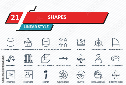 shapes icons set - cylinder volumetric, christian church, cylinder volumetrical, skull and snake, christian cross outline vector collection.