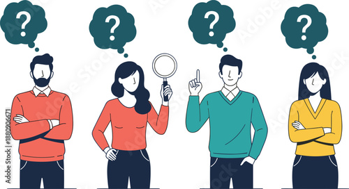 Diverse group of people with question marks in thought bubbles searching for answers and brainstorming creative solutions on white background