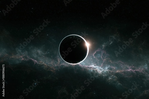Dramatic Eclipse View in Dark Space Among Nebula and Stars Background Art