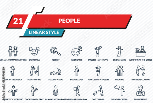 people icons set - woman and man partners, baby smile, recruit, weathercaster, business suit outline vector collection.