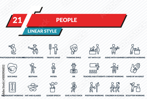 people icons set - photographer working, firefighter working, traffic hand, children in school, sculptor working outline vector collection.