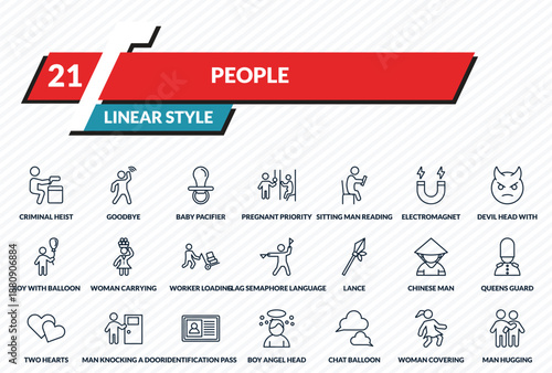 people icons set - criminal heist, goodbye, baby pacifier, woman covering, man hugging outline vector collection.