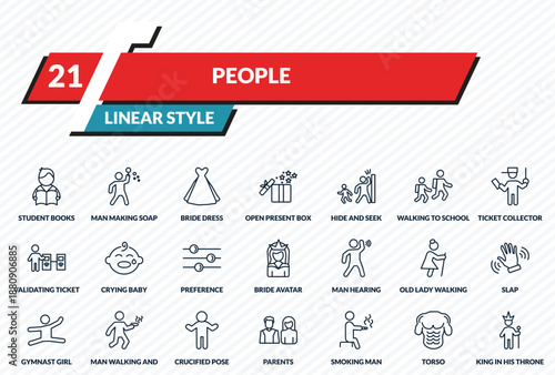 people icons set - student books, man making soap bubbles, bride dress, torso, king in his throne outline vector collection.