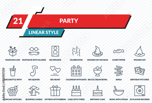 party icons set - magician case, mustache with glasses, big speaker, bowl with straw, dj playing records outline vector collection.