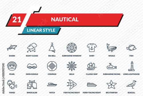nautical icons set - shark, rainy cloud, big bell, big starfish, seagull outline vector collection.