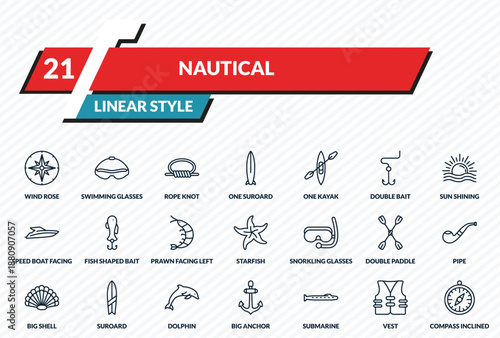 nautical icons set - wind rose, swimming glasses, rope knot, vest, compass inclined outline vector collection.