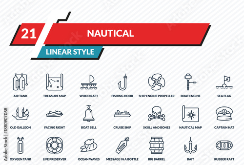 nautical icons set - air tank, treasure map, wood raft, bait, rubber raft outline vector collection.