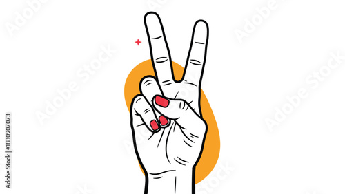 Human hand showing the peace or victory sign with red painted fingernails set against a minimalist abstract orange shape background.