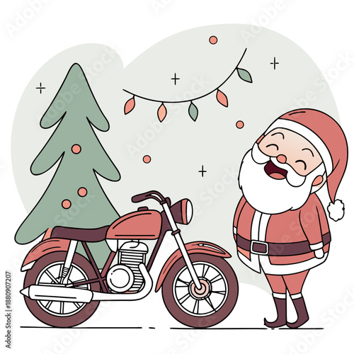 santa claus standing next to a motorcycle and a christmas tree with a heart in the background laughing happily