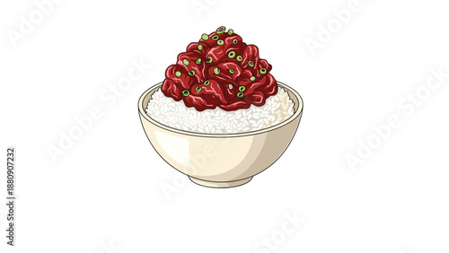 Appetizing bowl of fluffy white rice topped with a generous portion of seasoned raw meat or fish and green onions in a simple bowl.
