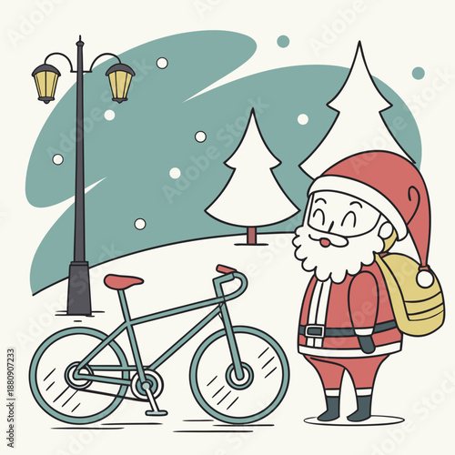 santa claus standing next to a bicycle in a snowy winter scene with christmas trees and street lamp high quality
