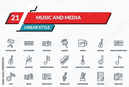 music and media icons set - octave clef, synthesizer, crotchet, playlist, bass clef outline vector collection.
