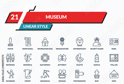 museum icons set - statue, paper scroll, information desk, bust, open outline vector collection.