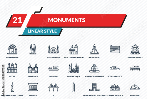 monuments icons set - prambanan, , hagia sophia, st mark basilica, hu picchu outline vector collection.