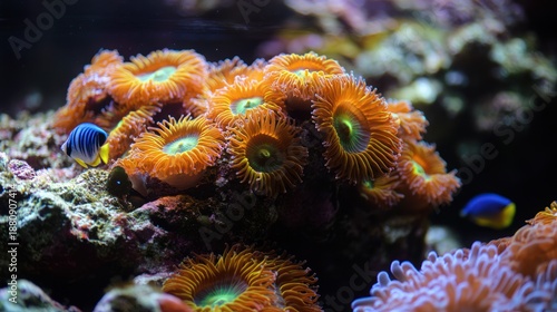 A vibrant underwater scene showcases a colorful coral reef teeming with life