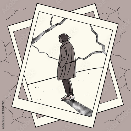 a person in a coat standing on cracked ground with polaroids high quality professional detailed modern elegant stylish clean crisp