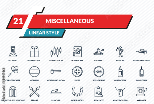 miscellaneous icons set - alchemy, wrapped gift, candlesticks, army dog tag, wringer outline vector collection.