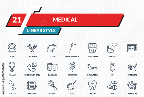medical icons set - scan, crutches, liver, pill, pancreas outline vector collection.