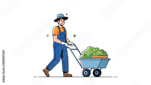 Friendly farmer in overalls and a hat pushing a blue wheelbarrow full of green bushes and a flower pot in a simple cartoon illustration.
