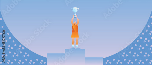 Flat vector illustration of a champion standing on the podium and holding a trophy. Concept of victory, success, achievement and sports competition.
