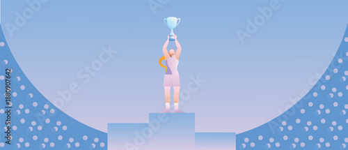 Flat vector illustration of a female champion standing on podium with a trophy. Concept of victory, leadership, achievement and women empowerment.