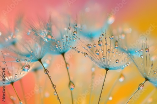 Dandelion seeds with dew drops on vibrant pastel background