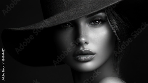 Elegant woman with dramatic wide-brimmed hat in moody monochrome lighting
