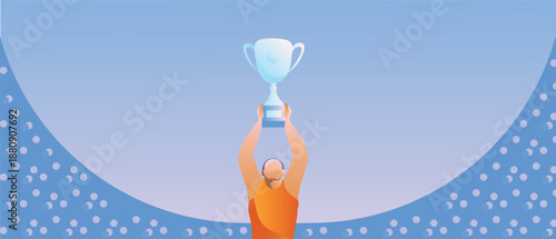 Flat vector illustration of a winner holding a trophy above head. Symbol of success, achievement, victory and motivation.