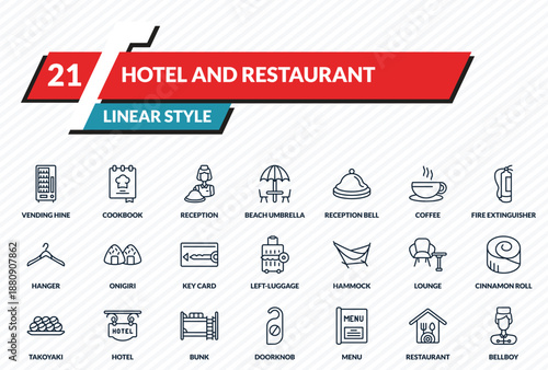 hotel and restaurant icons set - vending hine, cookbook, reception, restaurant, bellboy outline vector collection.