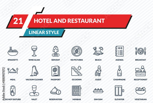 hotel and restaurant icons set - spaghetti, wine glass, servant, elevator, vegetarian outline vector collection.