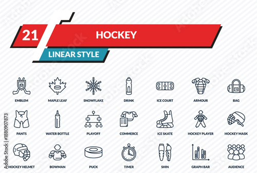 hockey icons set - emblem, maple leaf, snowflake, graph bar, audience outline vector collection.