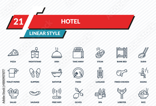 hotel icons set - pizza, nightstand, dish, lobster, rice outline vector collection.