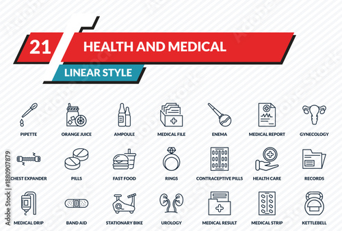 health and medical icons set - pipette, orange juice, ampoule, medical strip, kettlebell outline vector collection.