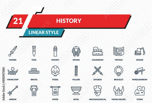 history icons set - sword, tool, mummy, viking helmet, stone outline vector collection.
