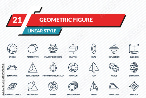 geometric figure icons set - sphere, perspective, star of six points, trapezium, synergy outline vector collection.