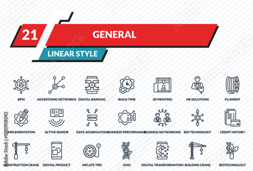 general icons set - bpm, advertising networks, digital banking, building crane, biotechnology outline vector collection.