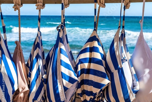 Swimsuits with Blue Stripes on a Sunny Beach: Coastal Style and Summer Fashion at the Ocean's Edge