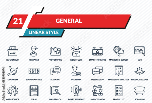 general icons set - referendum, teenager, prototyping, profile list, solarium outline vector collection.