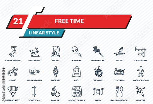 free time icons set - bungee jumping, gardening, hiking, gardening tools, concert outline vector collection.