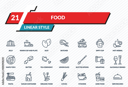 food icons set - jelly, warm cup and plate, slot, junk food, serving dish outline vector collection.